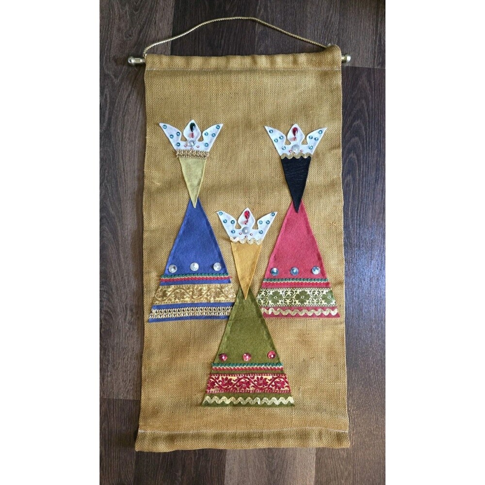 3 Wise Men Burlap Felt Wall Hanging Homemade Folk Art Christmas Banner 31" 1976